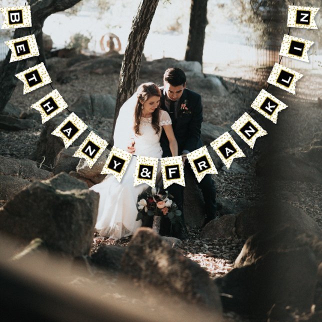 Personalize Black Gold and White Polka Dot Wedding Bunting Flags (Creator Uploaded)