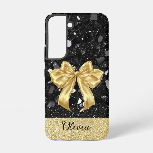 Personalize Black & Gold Glitter Print W/Bow  Samsung Galaxy Case (Back)