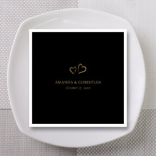 Personalize Black & Gold Heart Wedding Cocktail Napkins