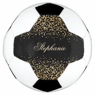 Personalize Black Gold Leopard Print Glitter Girls Soccer Ball
