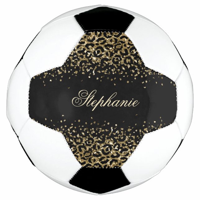 Personalize Black Gold Leopard Print Glitter Girls Soccer Ball (Front)