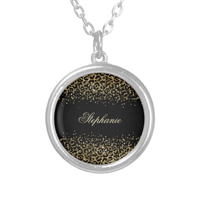 Personalize Black Gold Leopard Print Glitter Silver Plated Necklace (Front)