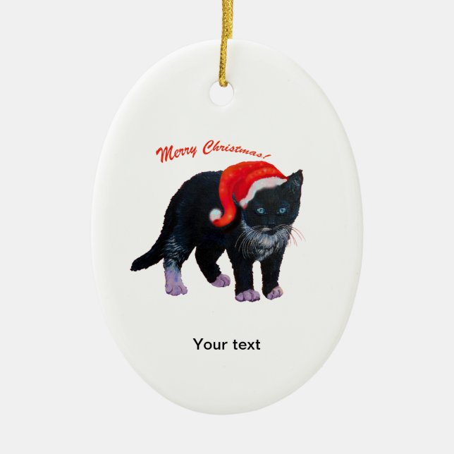 Personalize Black Kitten Merry Christmas Ceramic Ornament (Front)