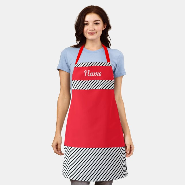 Personalize Black Pinstripe Red Kitchen  Chef  Apron (Worn)