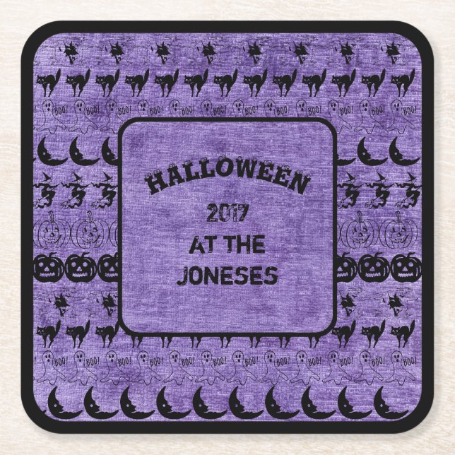 Personalize:  Black/Purple Halloween  Fun Font Art Square Paper Coaster (Front)