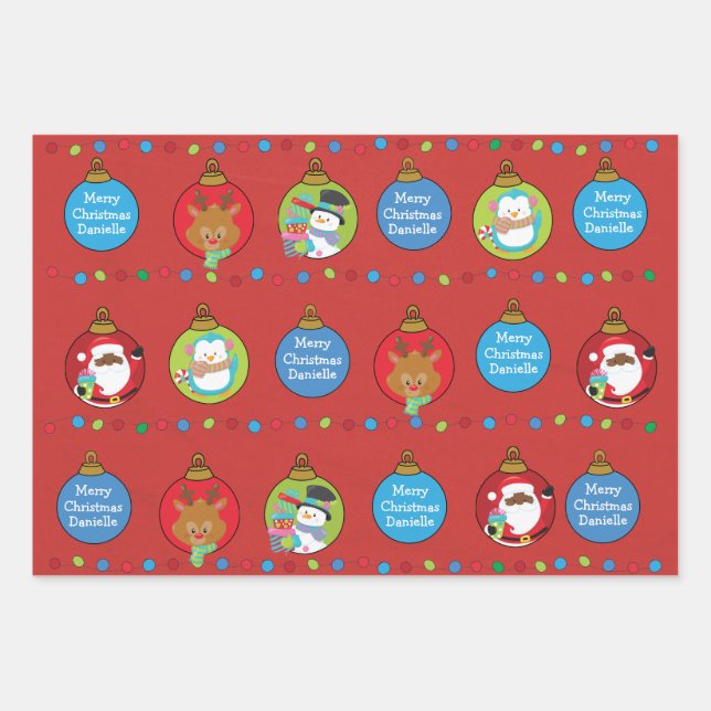 Personalize  Black Santa and Friends Wrapping Paper Sheets (Front 3)