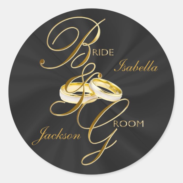 Personalize Black Satin & Gold Wedding Rings Classic Round Sticker (Front)