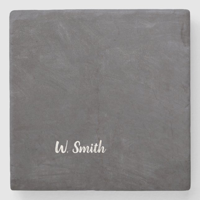 Personalize Black Table with White Chalk Name Stone Coaster (Front)
