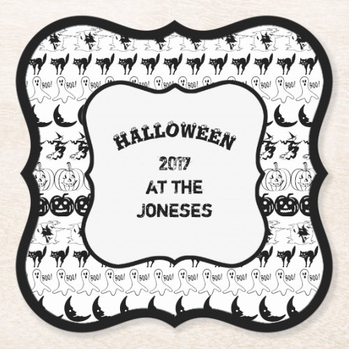 Personalize BlackWhite Halloween Font Art Paper Coaster