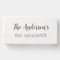 Personalize Black White Script Family Name Date Wooden Box Sign