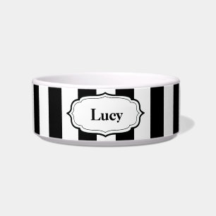 Personalize Black & White Stripe Ceramic Pet Bowl