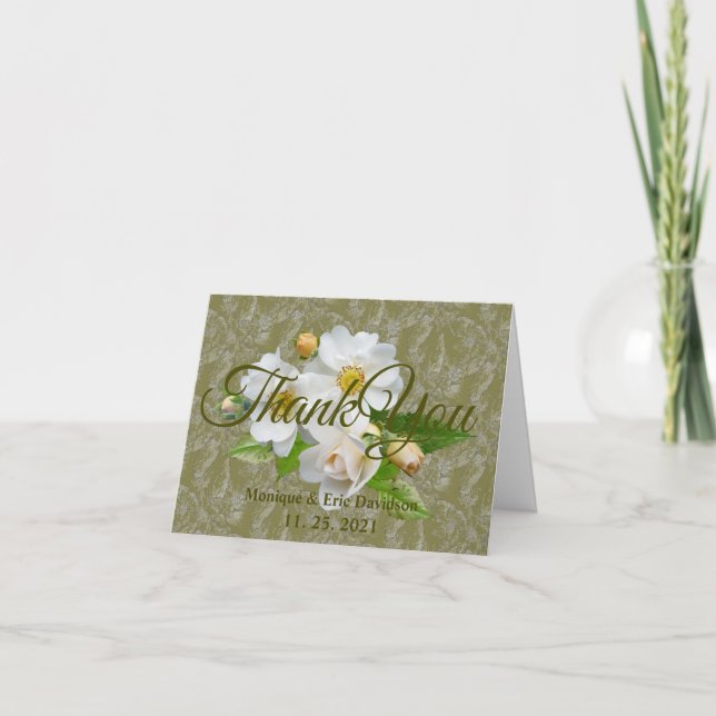 Personalize Blank White Roses Foliage Wedding Thank You Card (Front)