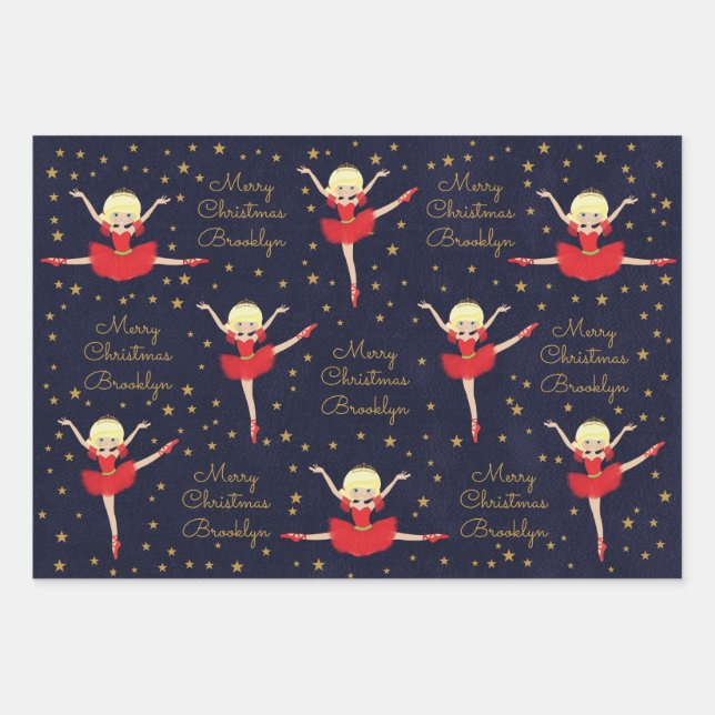 Personalize Blonde Christmas Ballerina Wrapping Paper Sheets (Front)