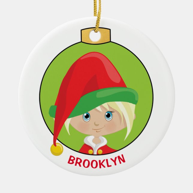 Personalize Blonde Girl Elf Ceramic Ornament (Front)