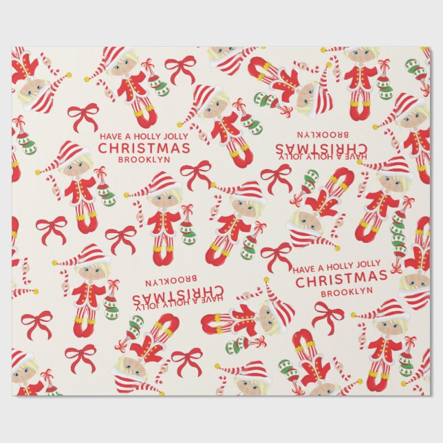 Personalize Blonde Girl Elf Wrapping Paper (Flat)