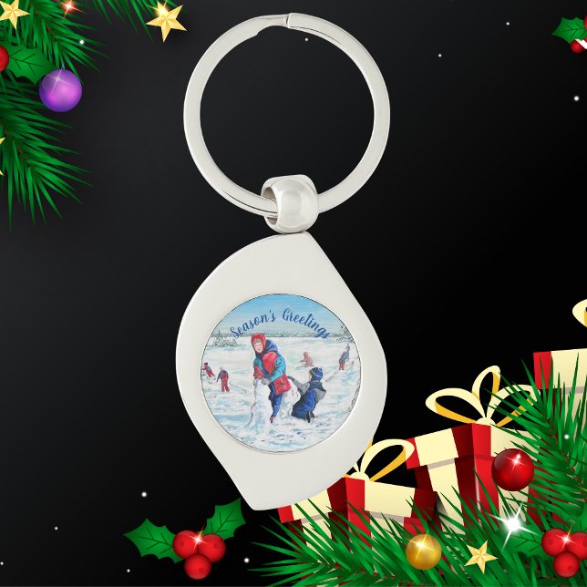  PERSONALIZE Blue and Reds Winter Painting Scene Keychain (Elegant Keychain with wintery children playing landscape.)