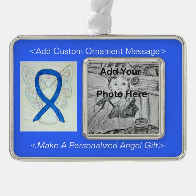 Personalize Blue Awareness Ribbon Angel Ornament (Front)