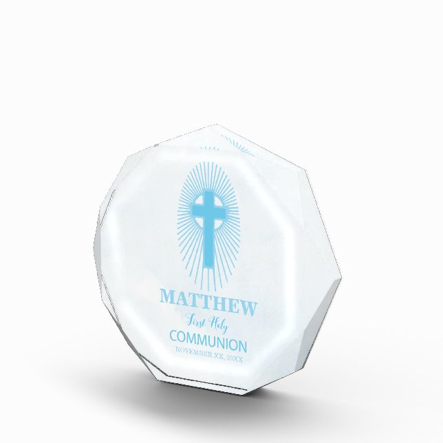 Personalize, Blue Boy First Holy Communion Cross Acrylic Award (Right)