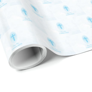 Personalize, Blue Boy First Holy Communion Cross Wrapping Paper
