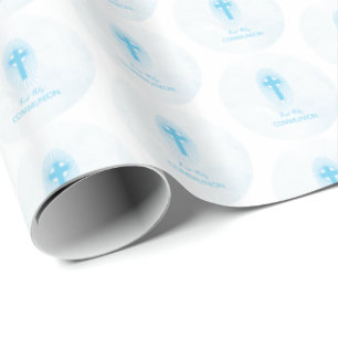 Personalize, Blue Boy First Holy Communion Cross Wrapping Paper