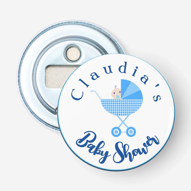 Personalize Blue Carriage Baby Shower Favor    Bottle Opener (Front)