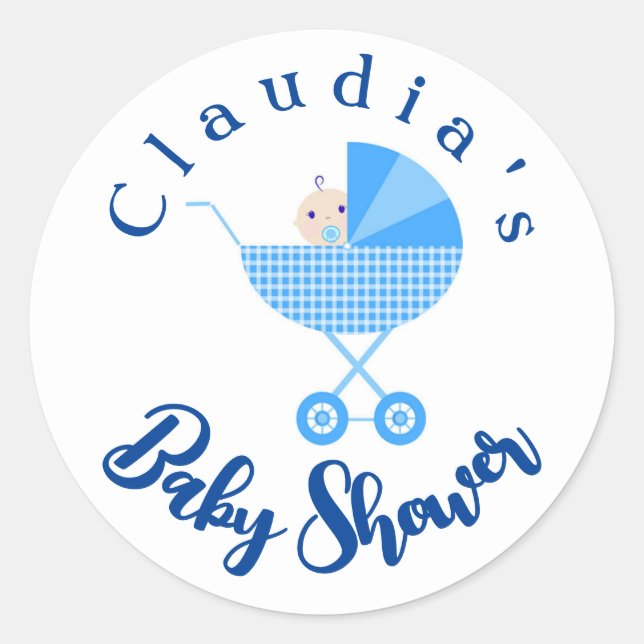 Personalize Blue Carriage Baby Shower Favor     Classic Round Sticker (Front)