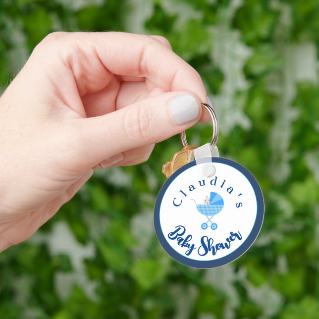 Personalize Blue Carriage Baby Shower Favor  Keychain (Hand)