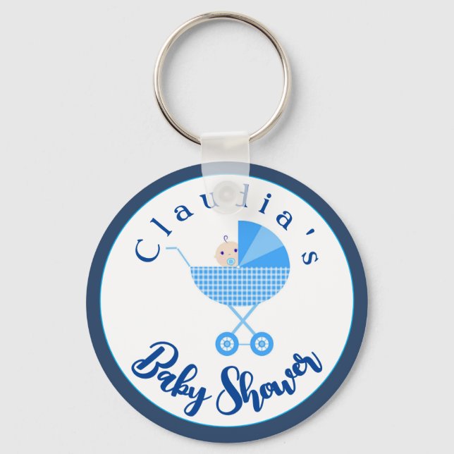 Personalize Blue Carriage Baby Shower Favor Keychain (Front)