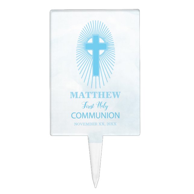 Personalize, Blue First Holy Communion Cross Host Cake Topper (Front)