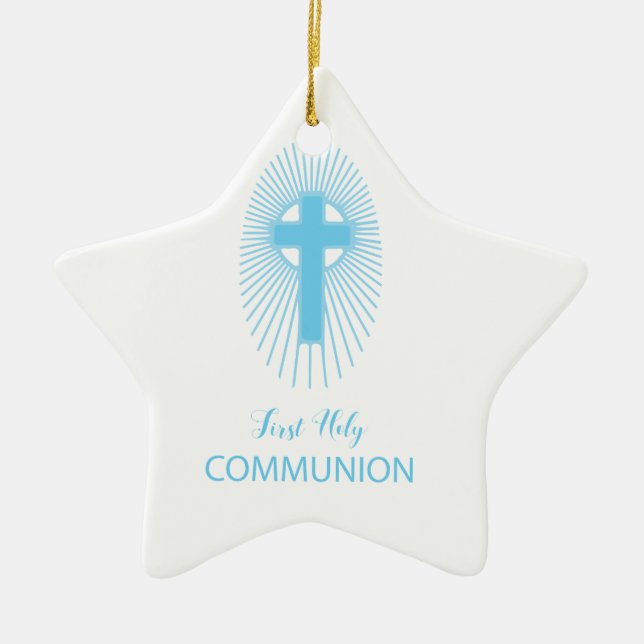 Personalize, Blue First Holy Communion Cross Host Ceramic Ornament (Front)