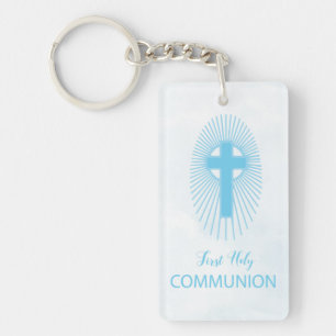 Personalize, Blue First Holy Communion Cross Host Keychain