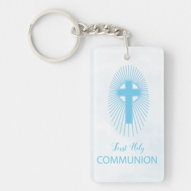 Personalize, Blue First Holy Communion Cross Host Keychain (Front)