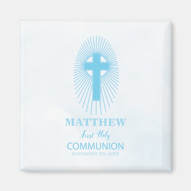 Personalize, Blue First Holy Communion Cross Host Magnet (Front)