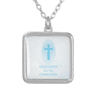 Personalize, Blue First Holy Communion Cross Host Silver Plated Necklace