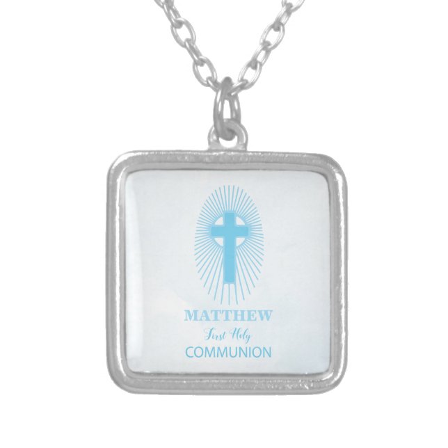 Personalize, Blue First Holy Communion Cross Host Silver Plated Necklace (Front)