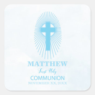 Personalize, Blue First Holy Communion Cross Host Square Sticker