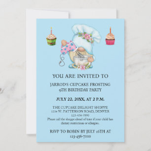 Personalize Blue Flower Gnome Chef Cupcake Card