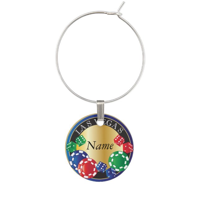 Personalize Blue Gambling Dice and Chips Wine Glass Charm (Front)