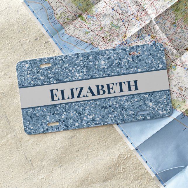 Personalize Blue Glitter Glam Bling Trendy Stylish License Plate (In Situ)