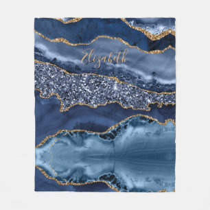 Personalize Blue Gold Glitter Agate Marble Trendy Fleece Blanket