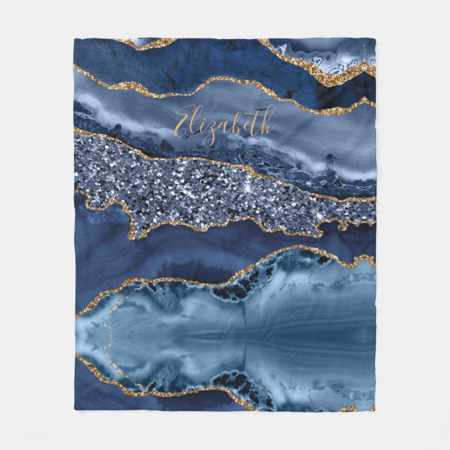 Personalize Blue Gold Glitter Agate Marble Trendy  Fleece Blanket (Front)