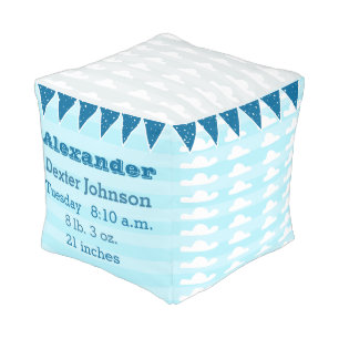 Personalize Blue Gray Cloud Birth Record Pattern Pouf