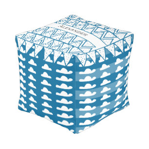 Personalize Blue Gray Cloud Vintage Modern Pattern Pouf