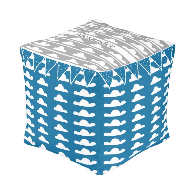 Personalize Blue Gray Cloud Vintage Modern Pattern Pouf (Angled Front)