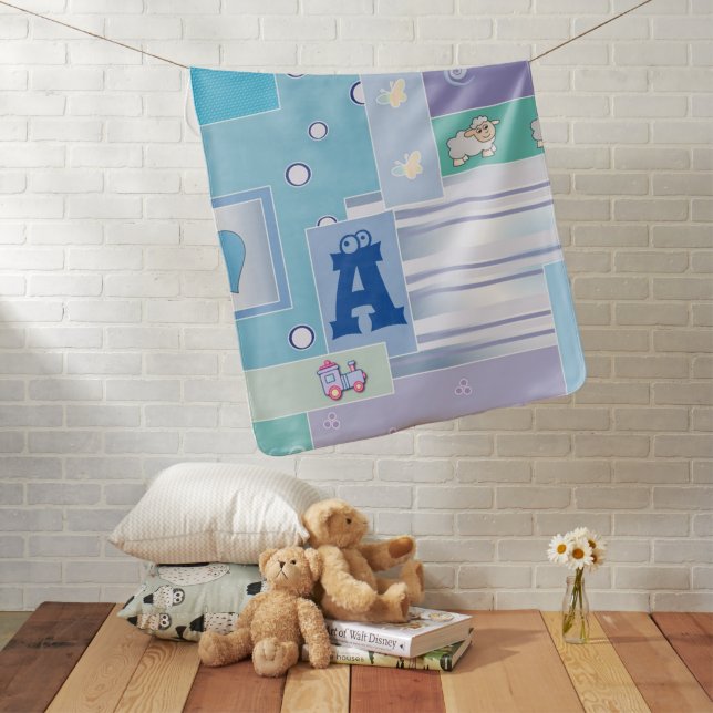 Personalize Blue Green Sheep Train Bubbles Stripe  Baby Blanket (In Situ)