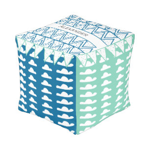 Personalize Blue Mint Cloud Vintage Modern Pattern Pouf