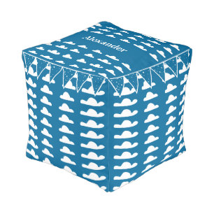 Personalize Blue Teal Cloud Vintage Modern Pattern Pouf