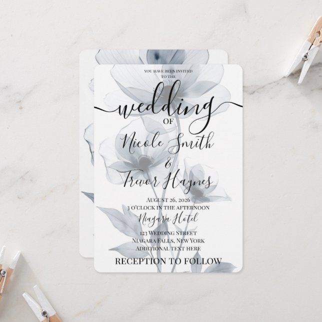 Personalize: Blue Translucent Flowers Wedding Invitation (Front/Back In Situ)
