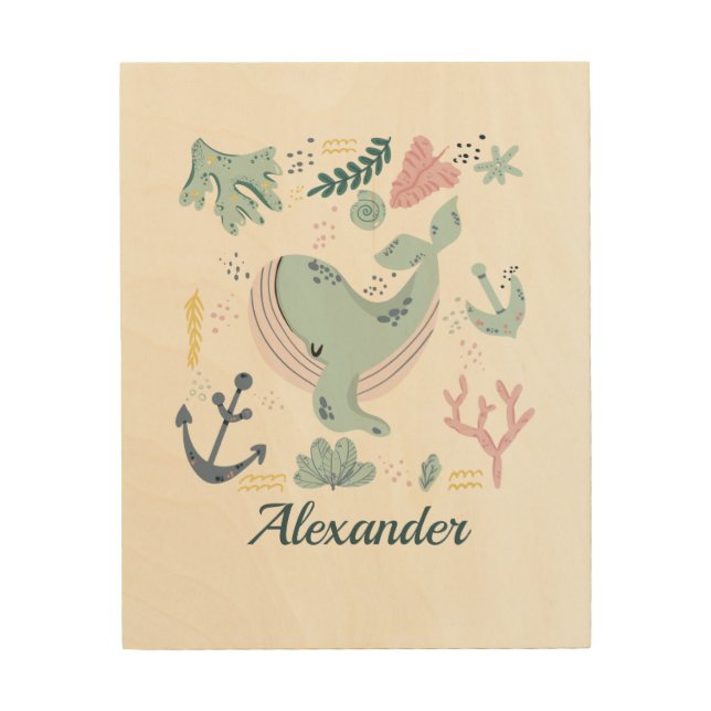 Personalize Blue Whale Sea Life Baby Nursery Wood Wall Art (Front)