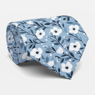 Personalize Blue White Bold Botanical Floral Neck Tie